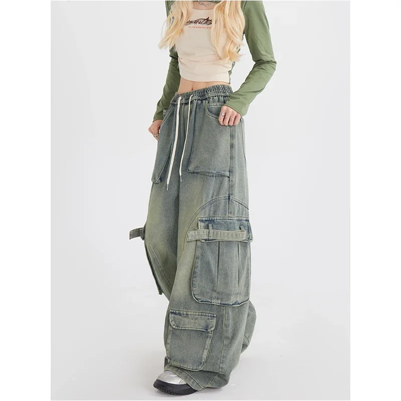 

Women Blue Jeans Cargo Pants Streetwear High Waist HarajukuWide Leg Pants Fashion Y2K Style Female Winter Straight Trousers