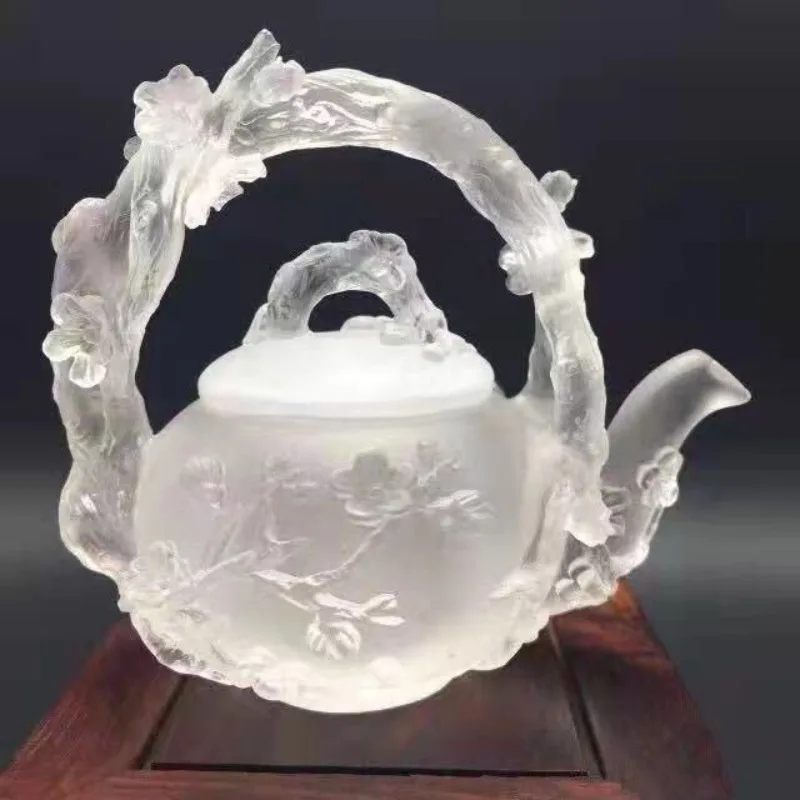 Natural Advanced Creative Design Plum Blossom Tea Pot Relief Crystal Pot