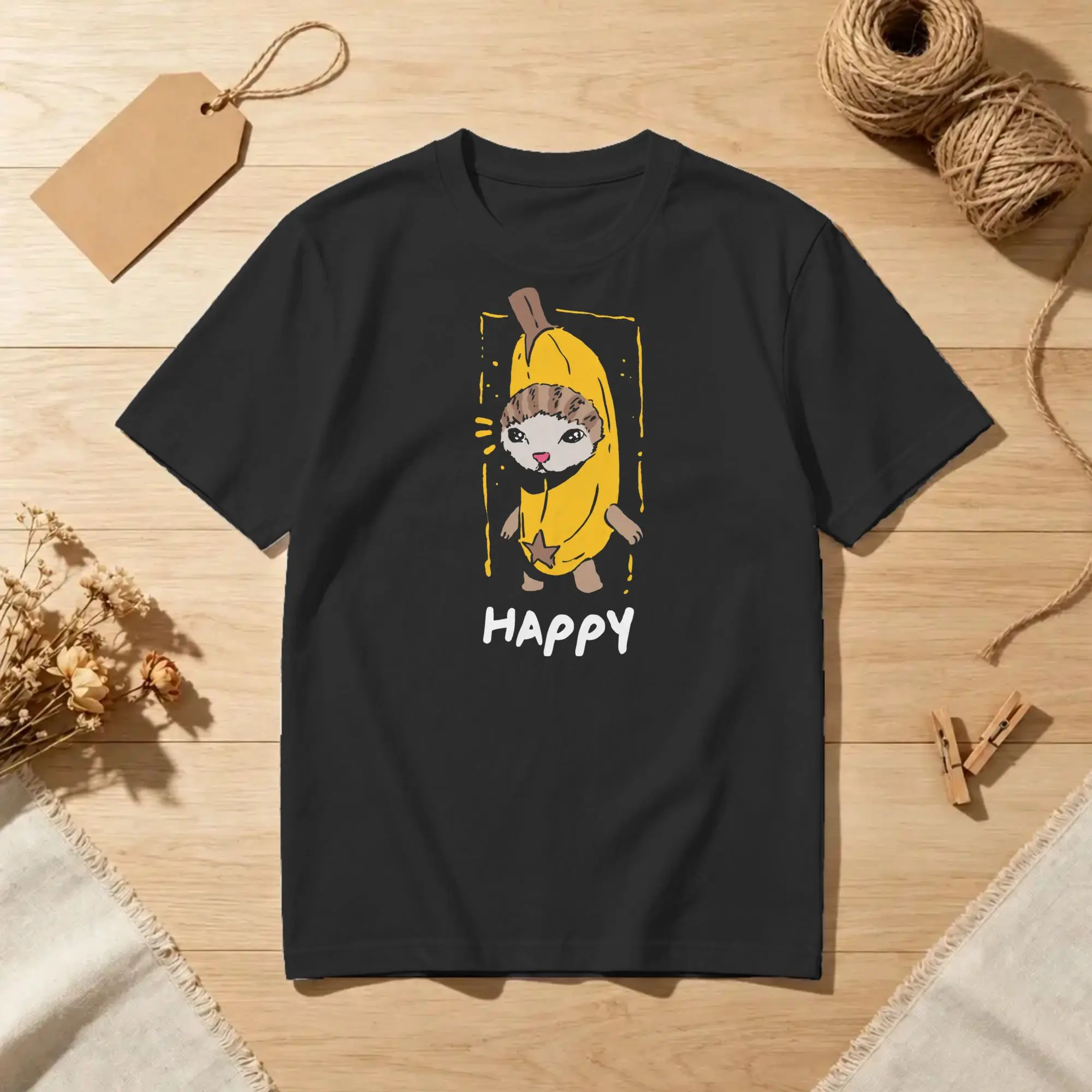 Camiseta engraçada com o meme do gato Happy Banana, para homens e mulheres, 100% algodão, camiseta divertida com gola redonda, manga curta, roupa de t