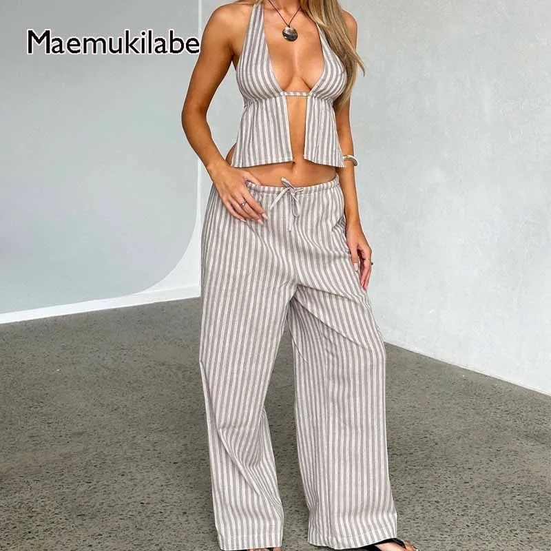 

Maemukilabe Sexy 2 Piece Set Stripe Tie-Up Backless Halter Camis Crop Tops + Wide Leg Pants Women Summer Outfits Tank Tops