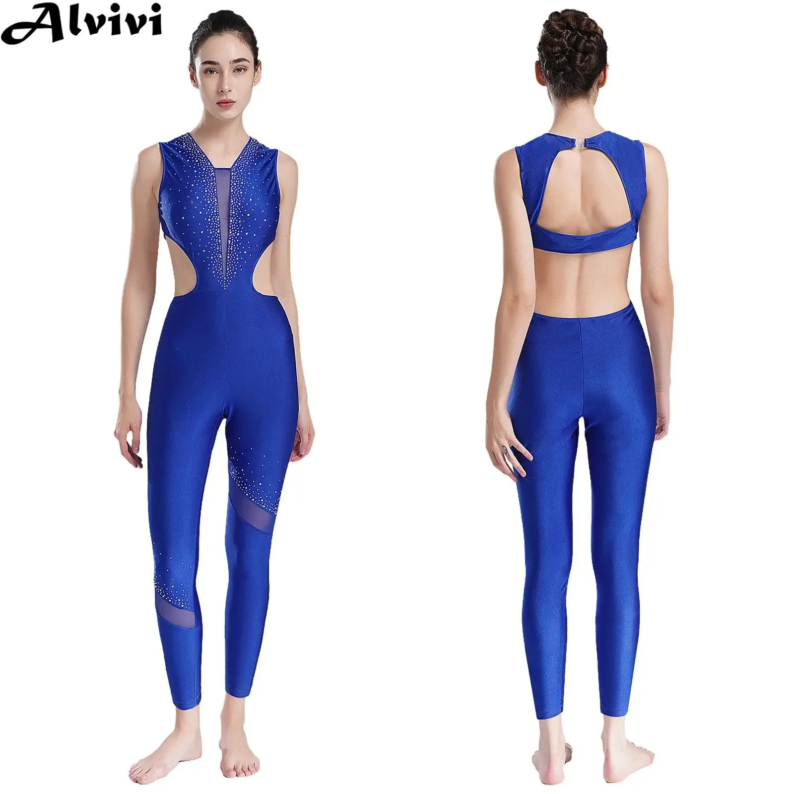 

Women Ballet Dance Gymnastics Figure Skating Yoga Acrobatic Jumpsuit Sleeveless Shiny Rhinestones Mesh Cutouts Leotard Dancewear