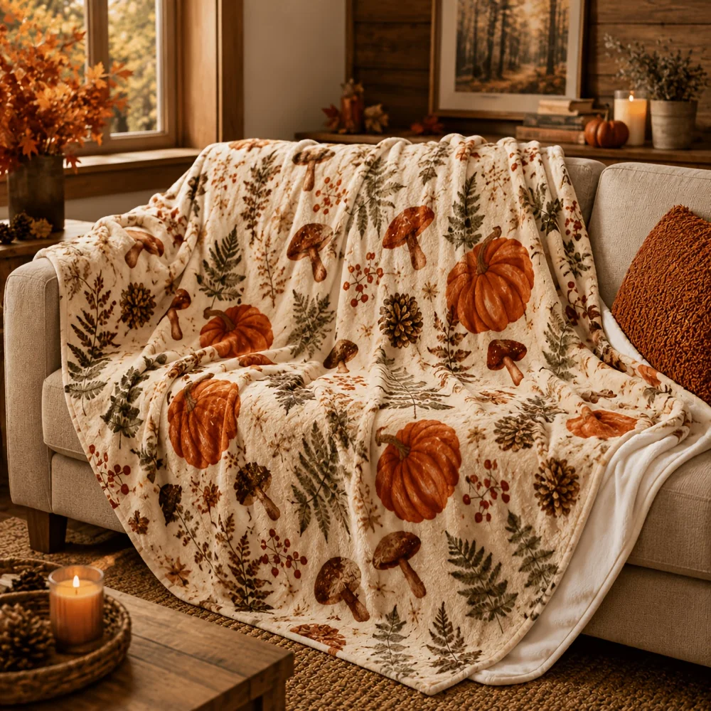 Autumn Pumpkin Mushroom Flannel Blanket Fern Pine Cone Botanical Fall Throw Blanket for Sofa Bed Couch Bedroom Living Room Harvest Home Decor Thanksgiving Gift Cozy Nap Blanket Office Travel Cottagecore Woodland Bedding Seasonal Room Accent