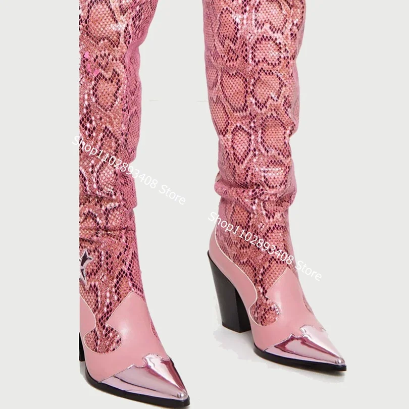 Pink Pointed Toe Snakeskin Boots Totem Slip on Chunky High Heels Sexy Women Autumn Elegant Knee Boots 2023 Zapatos Para Mujere