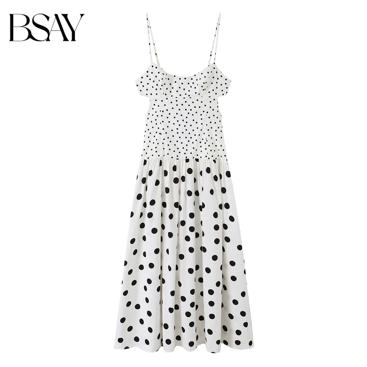 

BSAY Women's Polka Dot Midi Cami Dress Sleeveless Square Neck A-Line Long Dress White with Black Dot Casual Summer Beach Dress