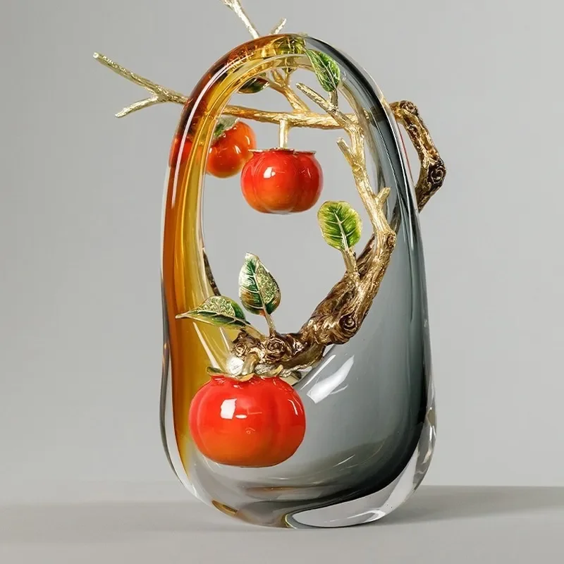 New Chinese Light Luxury Enamel Crystal Ornament High End Living Room Home Decoration Gift Persimmon Ruyi Glazed Vase
