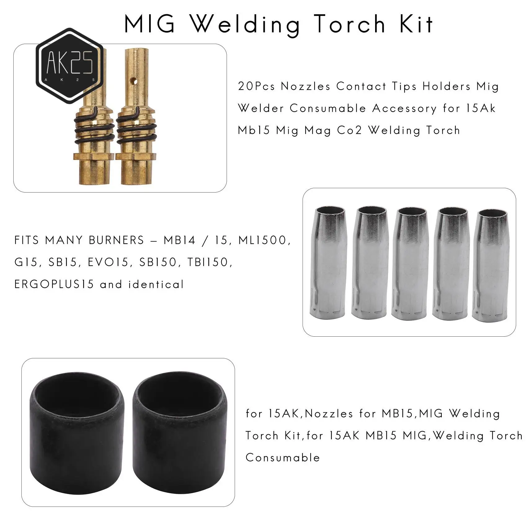 

AK25-20 шт. насадки, держатели контактных наконечников, расходные материалы для сварщика Mig, аксессуар для сварочной горелки 15Ak Mb15 Mig Co2
