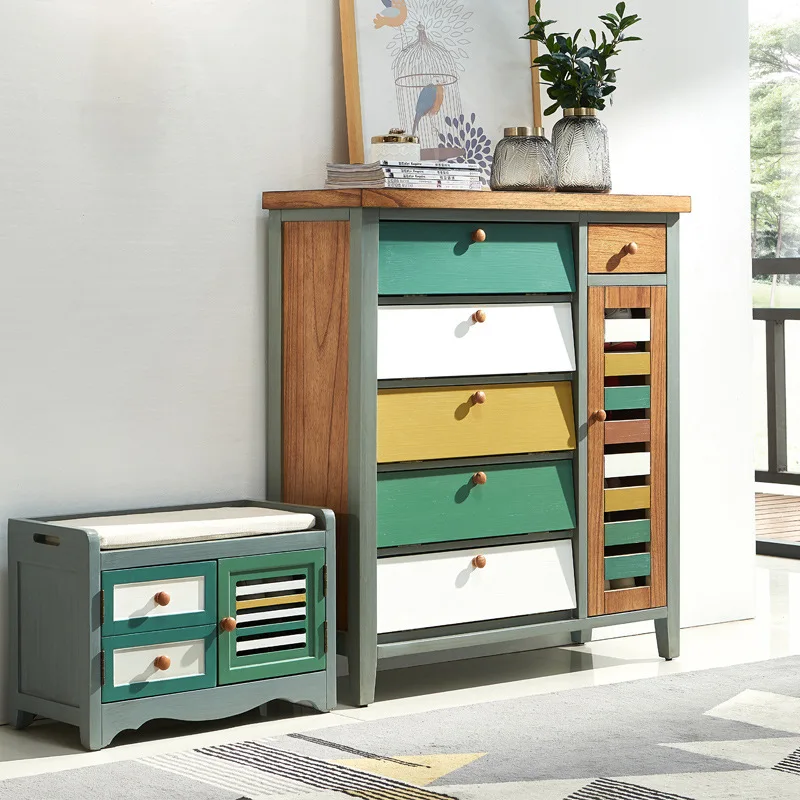 

American shoe cabinet solid wood entrance door with drawers partition porch cabinet locker small apartment tipping bucket retro