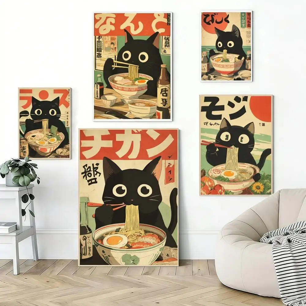 Póster de Ramen con gato negro Kawaii, arte de pared clásico, impresión en lienzo, adecuado para decoración del hogar, sala de estar, pintura
