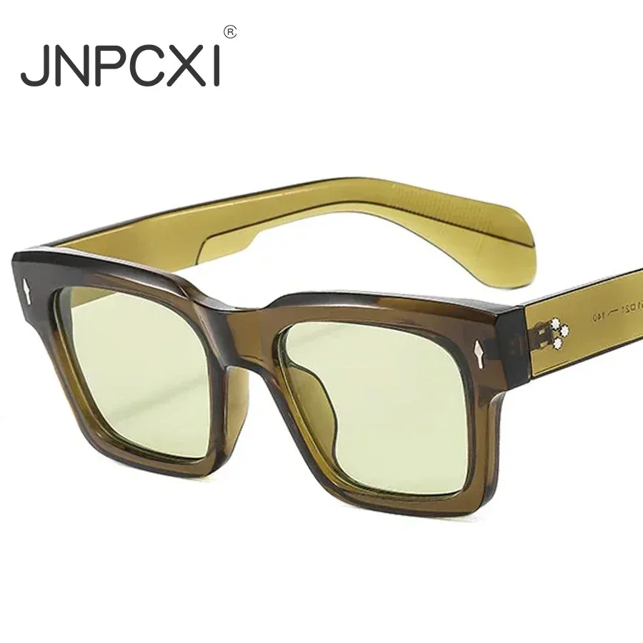 JNPCXI Fashion Square Men Sunglasses Retro Shades UV400 Rivets Women Punk Olive Green Trending Sun Glasses