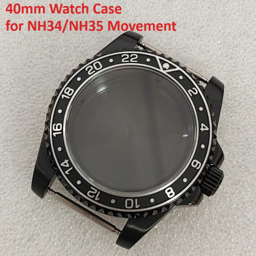 

40mm Aluminum Convex Inclined Bezel Cyclops Black Watch Case for SUB GMT NH35/NH34 Automatic Movement 5ATM Sapphire Glass Cases