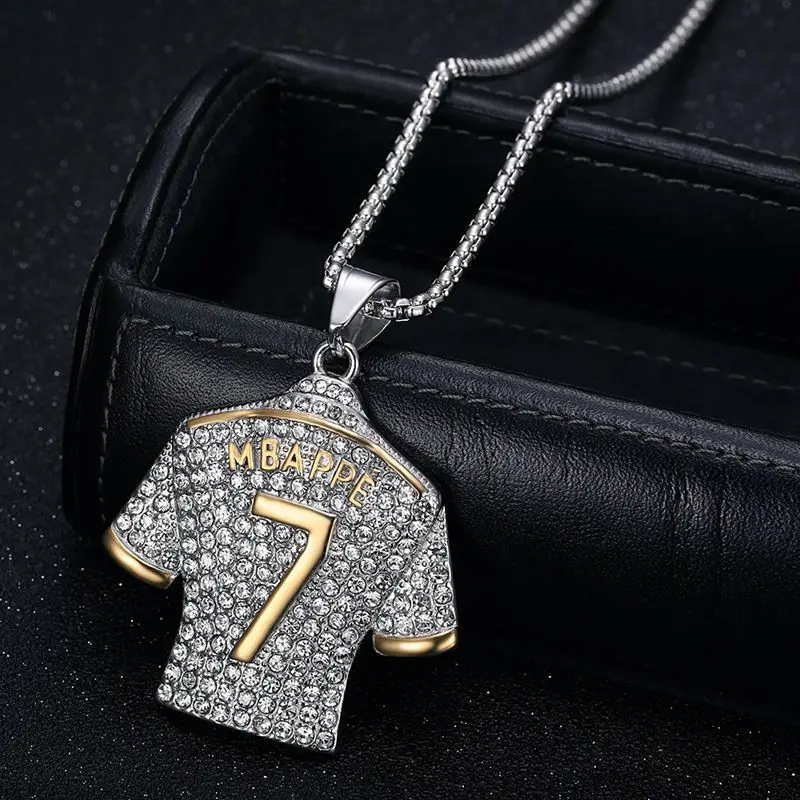 Megin D Stainless Steel Titanium Sports Football Star Shirt Number 7 Mbapp Pendant Collar Chain Necklace for Men Women Fans Gift