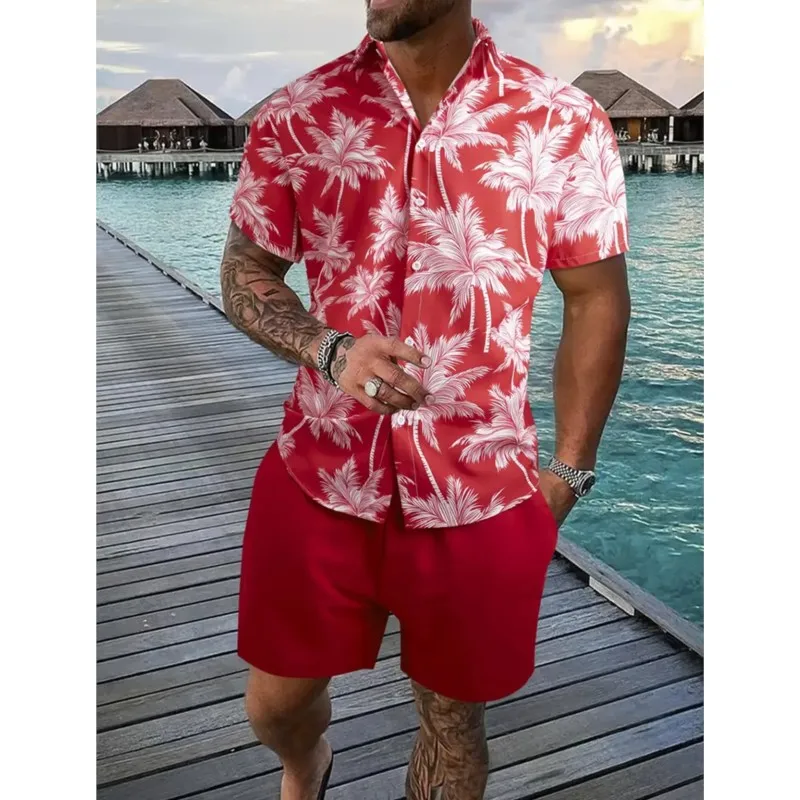 

Hawaii 2-piece Set Baroque Style Pattern Outfit Set 3D Print Men Short Sleeve Lapel Shirt +Shorts Set Summer Vacation Suit