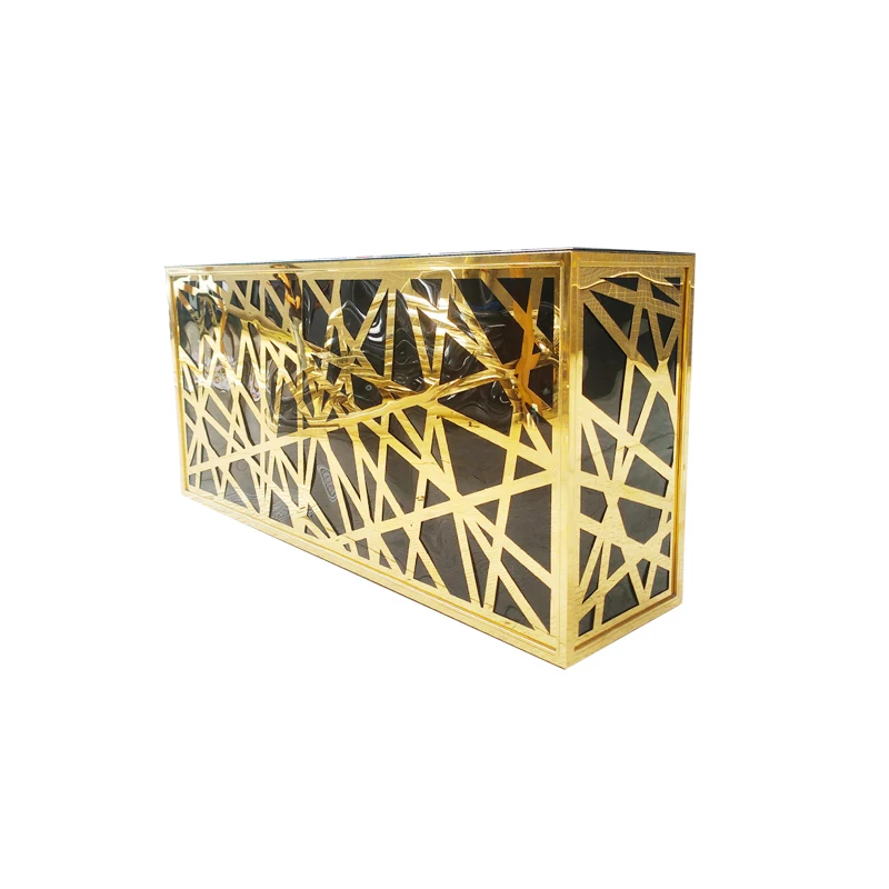 Luxury Gold Stainless Steel Bar Cabinet with Geometric Pattern, Black Glass Sideboard Console for Wedding Event