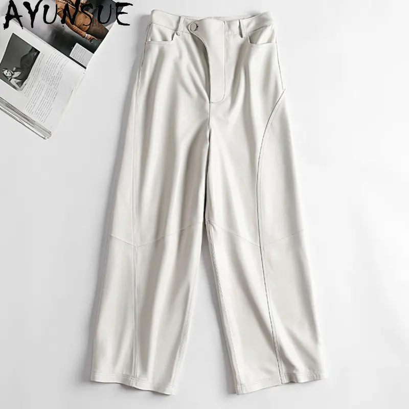 

AYUNSUE High Waist Leather Pants Women High Quality Sheepskin Leather Pants White Wide Leg Pants Women Suit Trousers Full Length