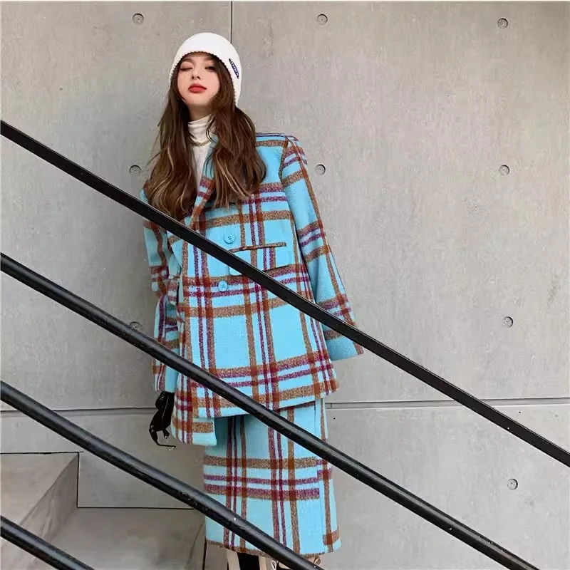 Checkered Suit Jacket for Women\'s Autumn/Winter 2024 Hong Kong Style Retro Small Fragrant Half Skirt Two-piece Set Trendy Trendy