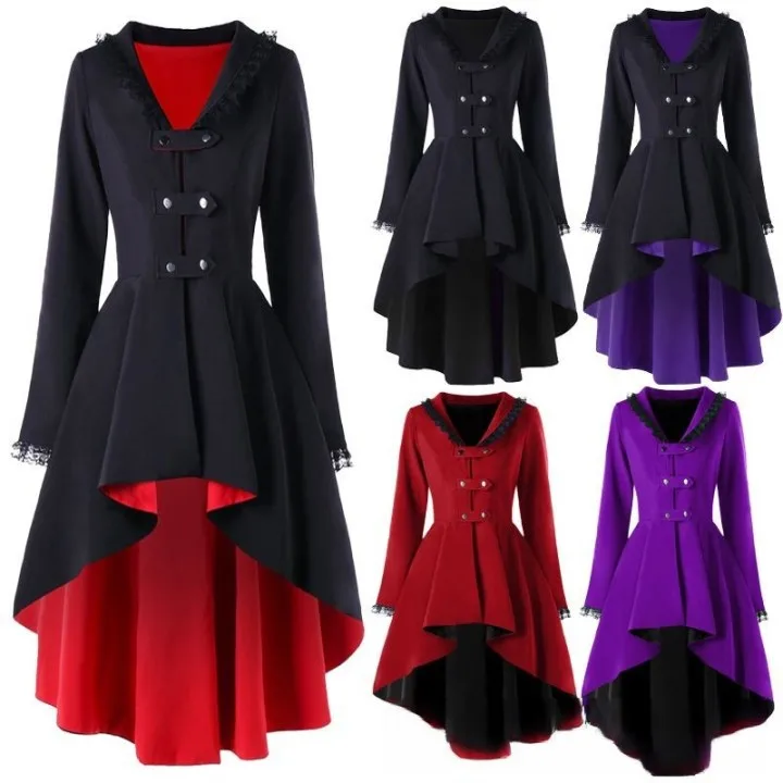 Women's Lace Tailcoat Dresses Long Sleeve Formal Party Outwear Medieval Victorian Women's Coat Dress Lace-Up Slim Coat Women