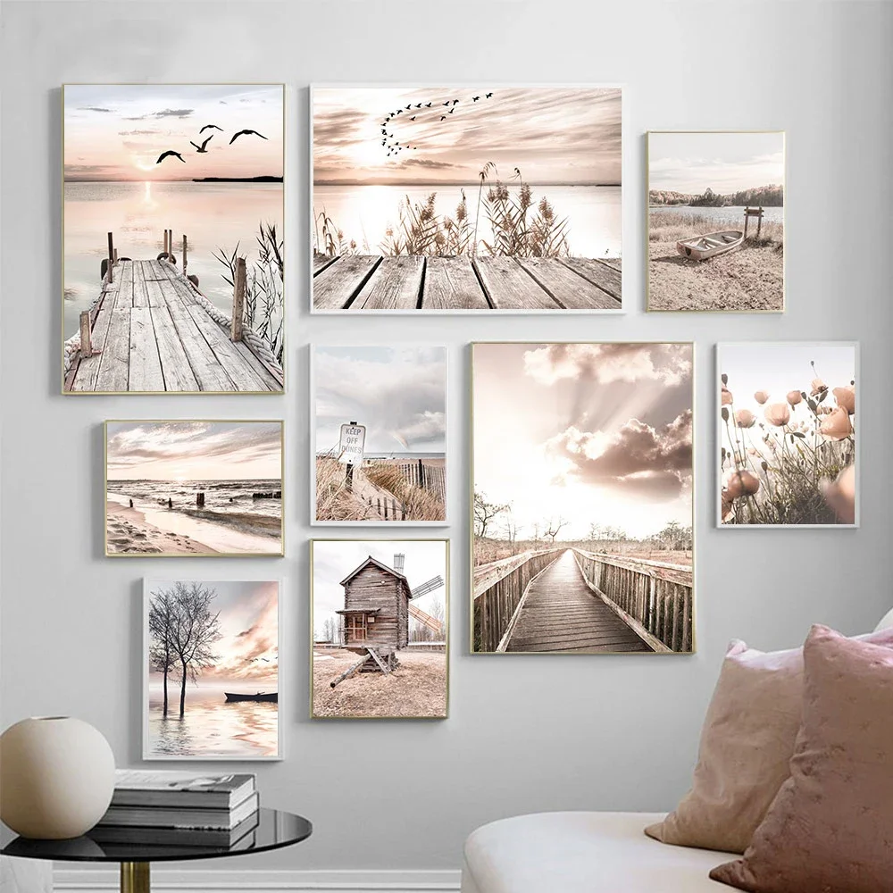 Impression sur toile de paysage marin, affiche de plage, pont en bois, fleurs, peinture murale, images murales nordiques pour décoration de salon
