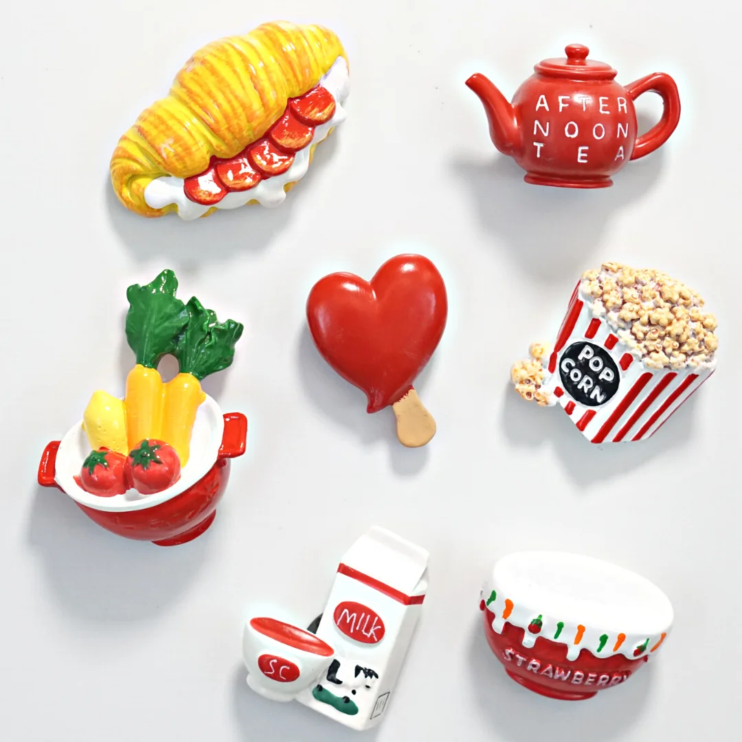 Red Food Geladeira Ímãs, Bule, Crossaint, Leite, Geladeira Tomate, Adesivos Magnéticos, Decorações Home, Presente Cozinha Criativa