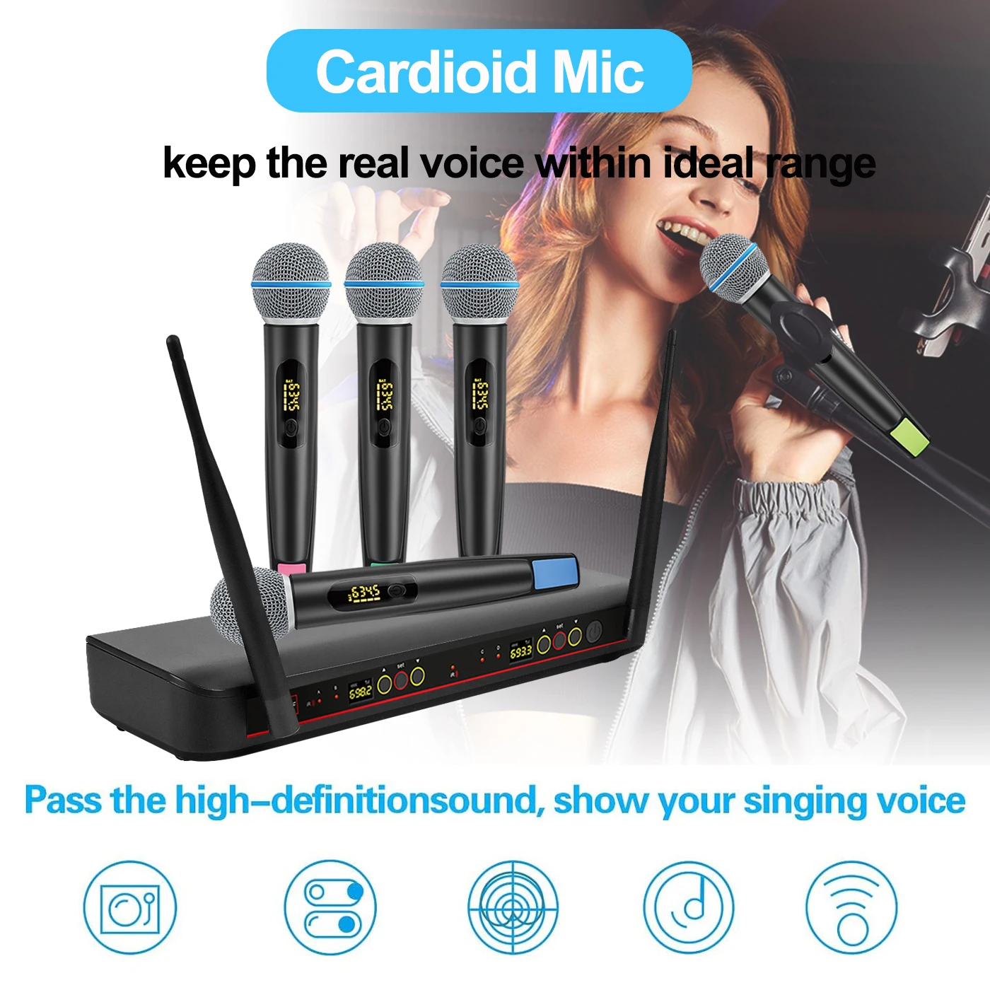 Heikuding 4 Channel UHF Wireless Microphone System Adjustable Frequency Mic 4 Cordless Handheld Dynamic Microphone for Karaoke