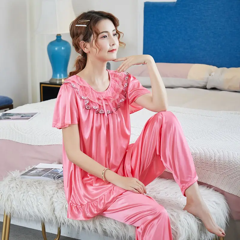 Plus Size 5XL Satin Pajamas Set Women\'s Pajamas with Shorts Homewear for Middle Age Women Cheap Nightwear Nighty for Ladies