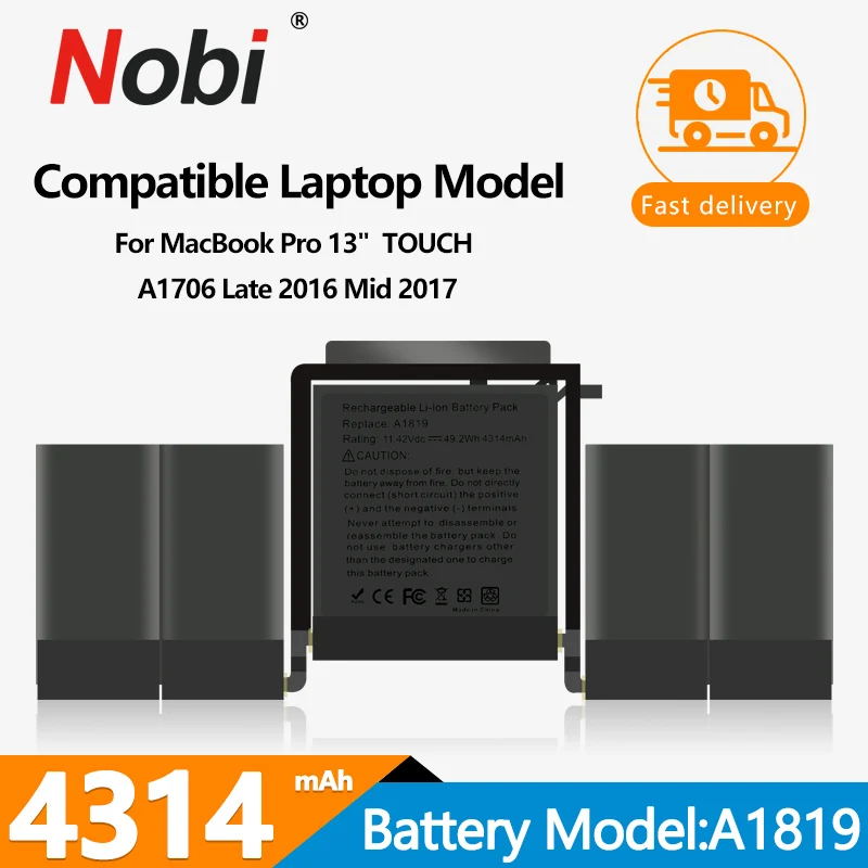 

Nobi NEW 11.4V A1819 Battery for Apple MacBook Pro 13'' Touch Bar A1706 (Late 2016 Mid 2017) EMC 3071 EMC 3163 MLH12LL/A 4314mAh