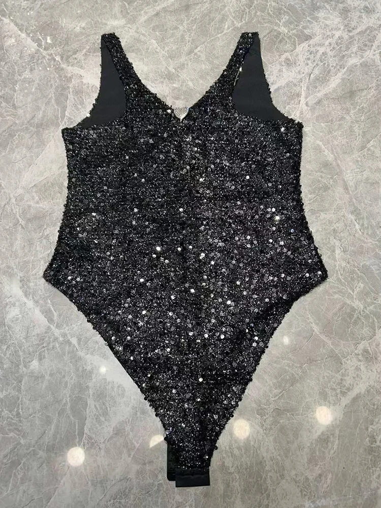 Spring 2025 women's new retro beaded sequin sequined back beaded sexy jumpsuit Fashion matching velvet stretch bodysuit