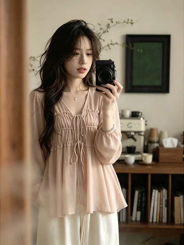 plus Size Casual Style Long Sleeve Chiffon Shirt Women's Loose Fit Tunic Top with Pleats for Summer Versatile Comfortable