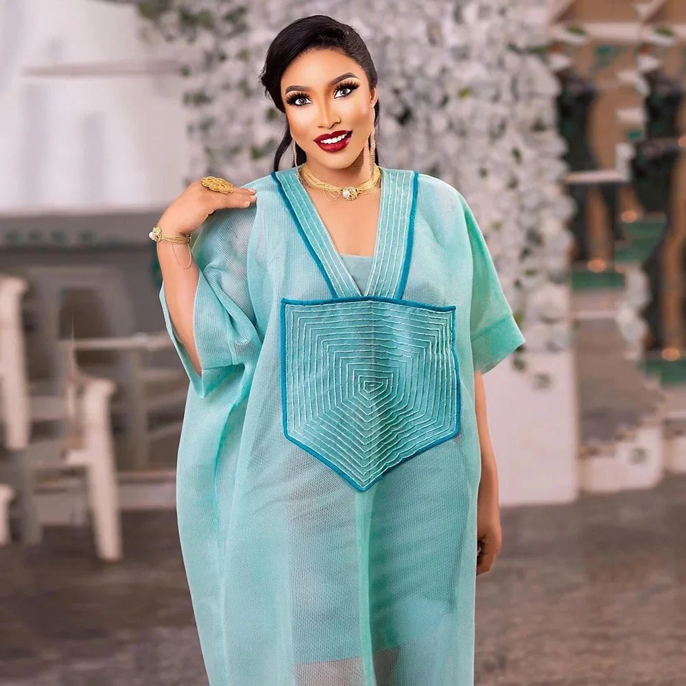 

African Modern Design Blue Mesh Embroidered Deep V-Neck Plus Size Dresses with Inner African Women's Dress Boubou Robe Dashiki