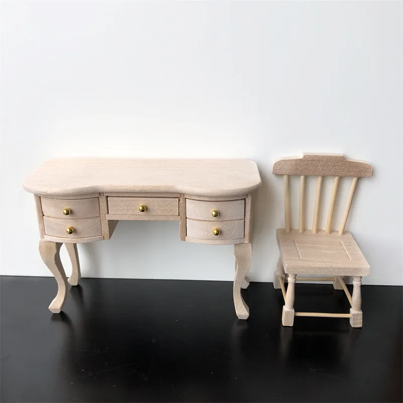 1:12 Dollhouse Desk & Chair Set, Unpainted Bisque Wooden Study Furniture, DIY Miniature Room Scene Prop Model