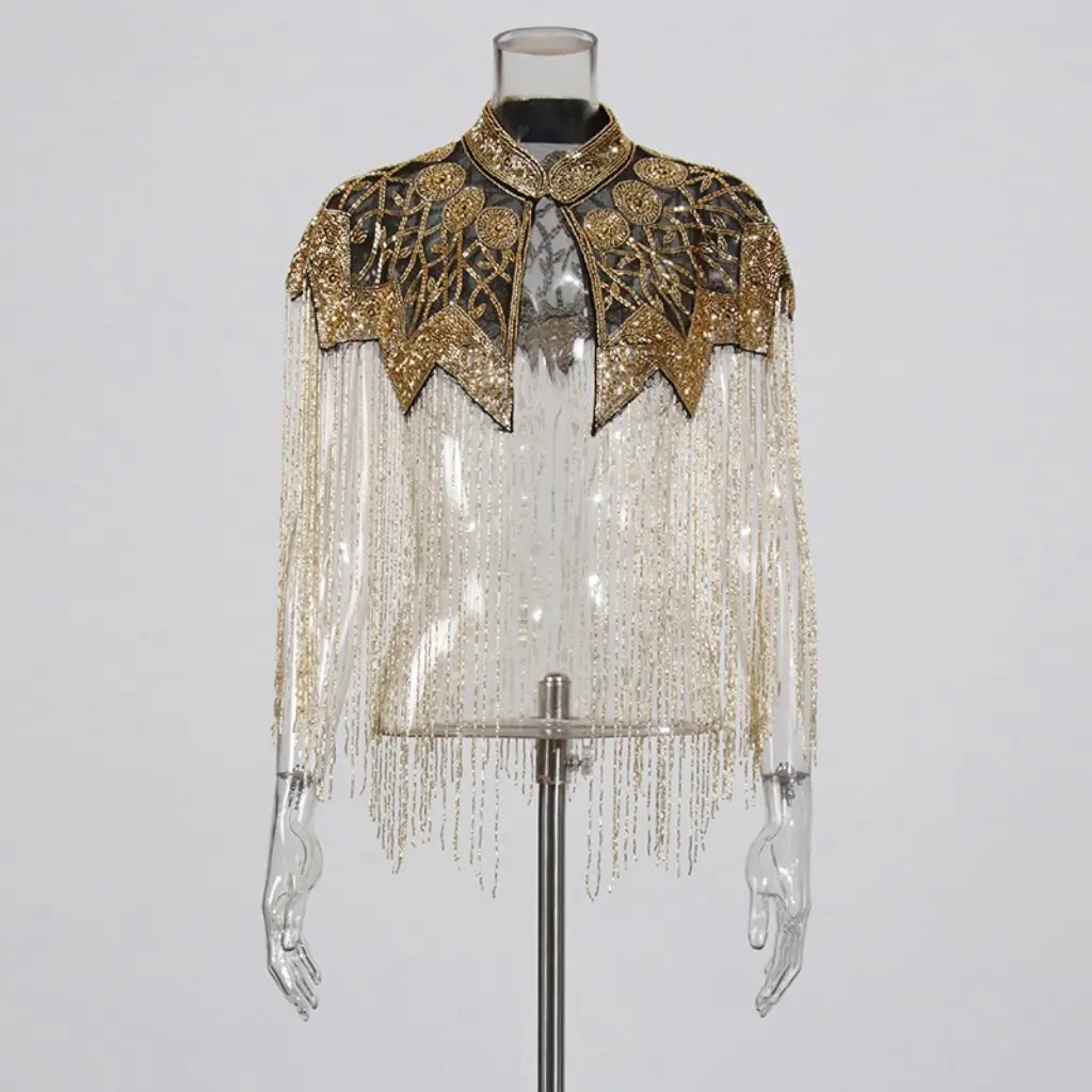 

High-End Women's Court Style Waistcoat European American Design Heavy Nail Bead Tassel Shawl Coat New