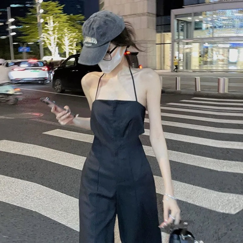 2024 Summer Fashion New Sling Neck Hanging Jumpsuit One Shoulder Off Back Sexy Design Feel Wide Leg Jumpsuits Female Clothing