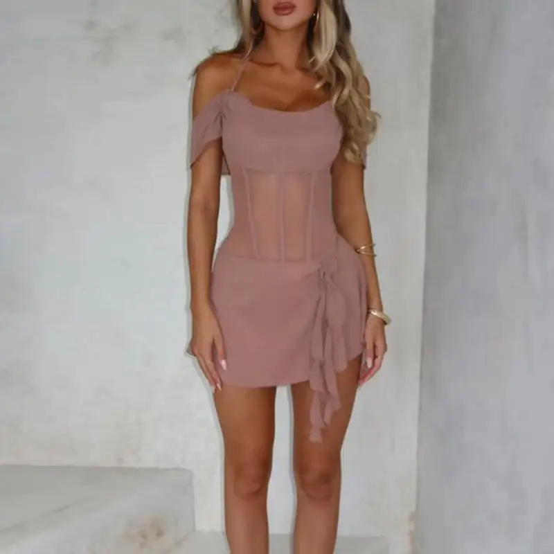 A new 2025 women's halter, one-shoulder collar, sheer mesh, backless, ruffled, slim and sexy short dress