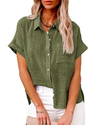 Summer Solid Shirt Lapel Cotton Hemp Button Pocket Flying Sleeve Short Sleeve Shirt  Casual Office Top Clothes For Women
