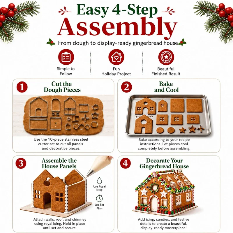3D Christmas Gingerbread House Cookie Cutters Set Stainless Steel Cartoon Snowflake Biscuit Cutter Dough Donut Fondant Mold view 4
