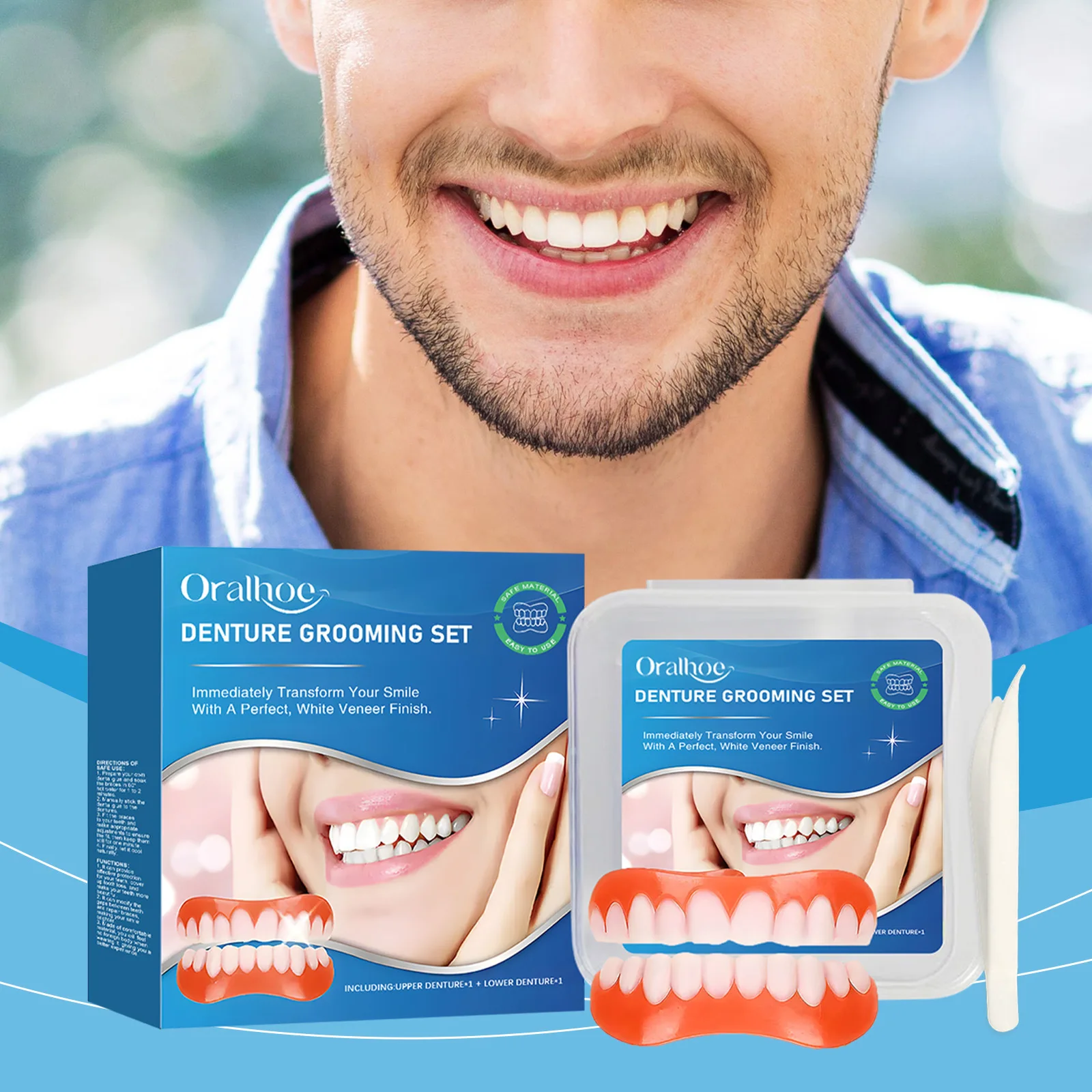 Silicone Denture Set Perfect Fit Mouth Cavity Orthodontic Repair Teeth Upper Lower Snap on Comfortable Relines Soft Dentures Kit