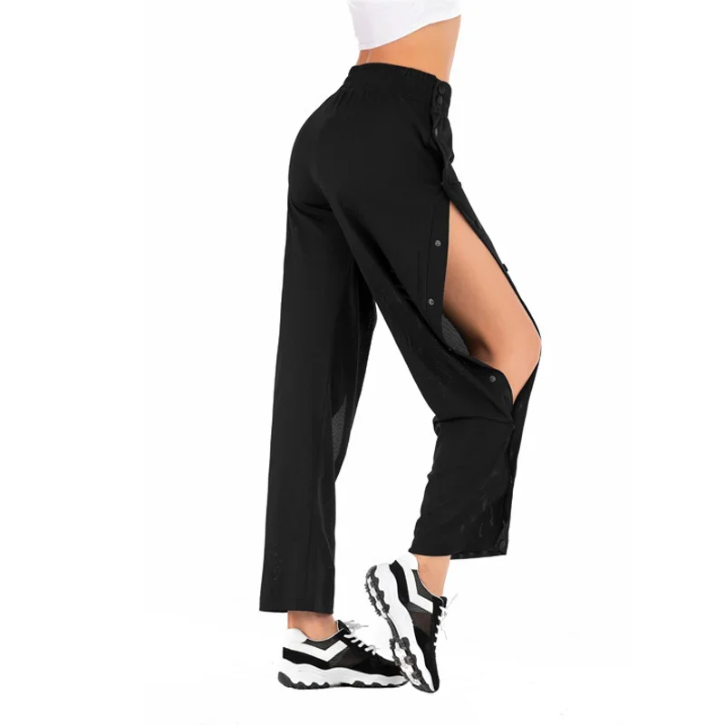 2023 Autumn New Mesh Button Splicing Beam Pants Feet New High Waist Casual Loose Long Trousers Side Slit Harem Pants Streetwear