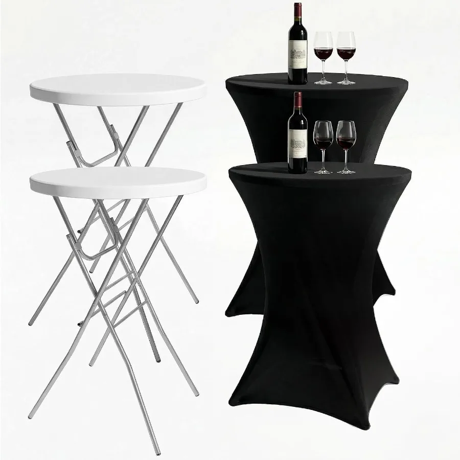 2-Pack 28 Inch Round Folding High Top Cocktail Tables with Dual Black Tablecloths, Portable Bar Height Bistro Set, Detachable L