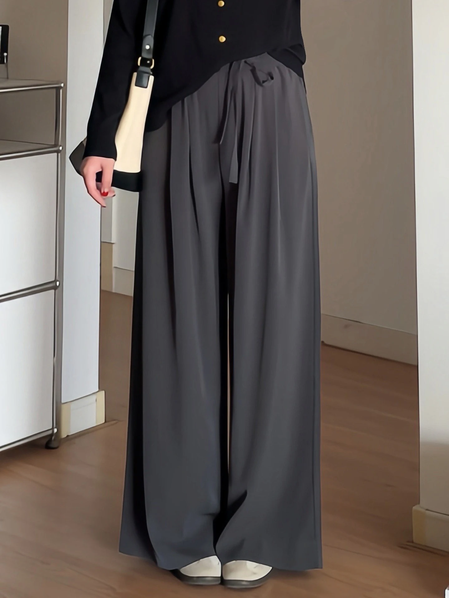 

Брюки больших размеров с широкими штанинами и поясом, весенние, с высокой талией, для полных женщин, повседневные, из полиэстера, прямого кроя