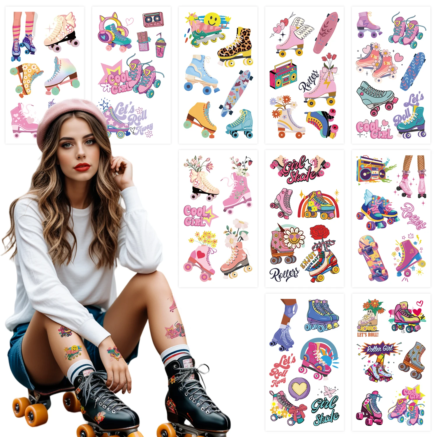 Roller Skating-Themed Temporary Tattoos, Featuring Various Styles of Roller Skates, Skateboards, Paired with Patterns Like Wings
