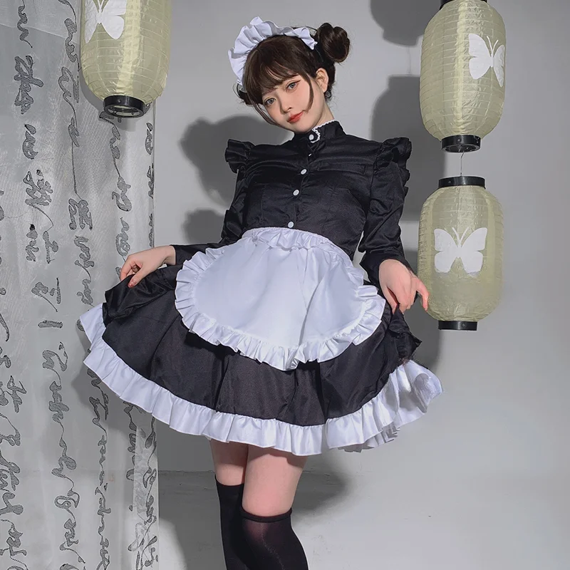 Anime japonês Uniforme de Empregada Lolita Preto Branco Manga Comprida Garçonete Café Amor Ao Vivo Trajes Cosplay Halloween Carnaval Roupas