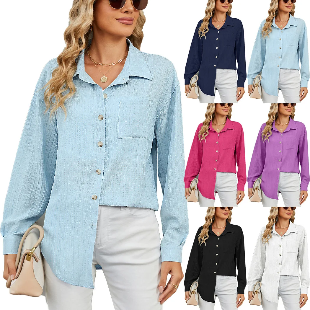 

Womens Casual Long Sleeve Lapel Button Ribbed Knit Work Shirt Autumn Elegant Office Lady Blouse Fashion Female Solid Color Shirt