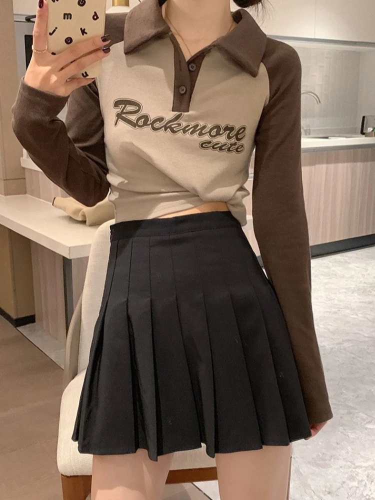 Niche Women's American Polo Collar Long Sleeve T-Shirt Autumn Winter Sexy Fitted Short Top with Modern Aesthetics​