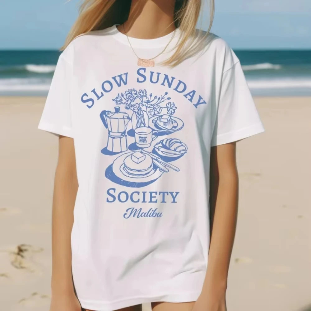 

Классическая футболка высокого качества с принтом Sunday Breakfast Club, женский топ с короткими рукавами и принтом в стиле Харадзюку, эстетичный топ унисекс