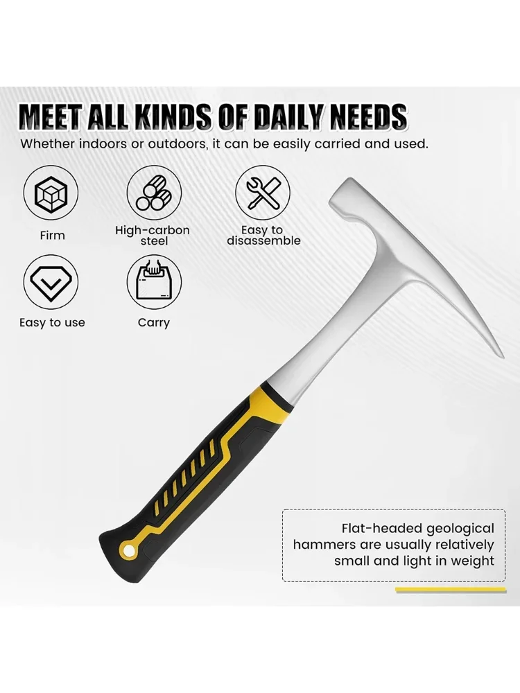 1pc High Carbon Steel Rock Pick Hammer, All-Steel Geological Claw Hammer with Non-Slip Rubber Handle, Brushed Finish