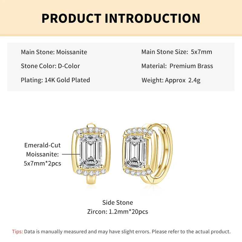 Rrjzz Huggie-Ohrringe mit Smaragdschliff, 5 x 7 mm, D-Farbe, Moissanit, für Damen, Laborimitation, Diamant-Creolen, Geburtstagsschmuck, Geschenke – Detail 1