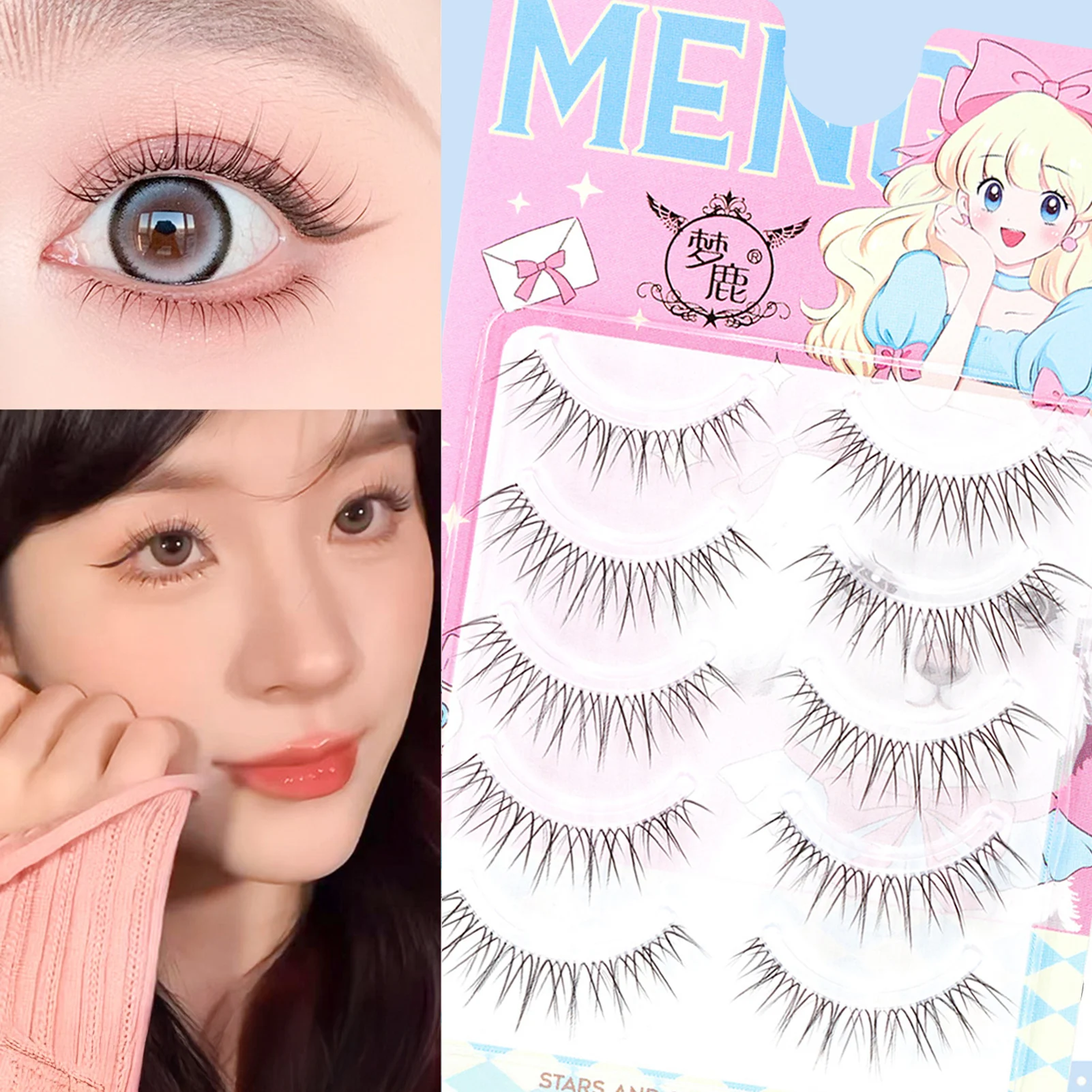 5 Paar falsche Wimpern mit transparentem Stiel, koreanisches Puppenauge, natürlich, asiatisch, dünn, falsche Wimpern, weiche Nerz-Augenwimpern