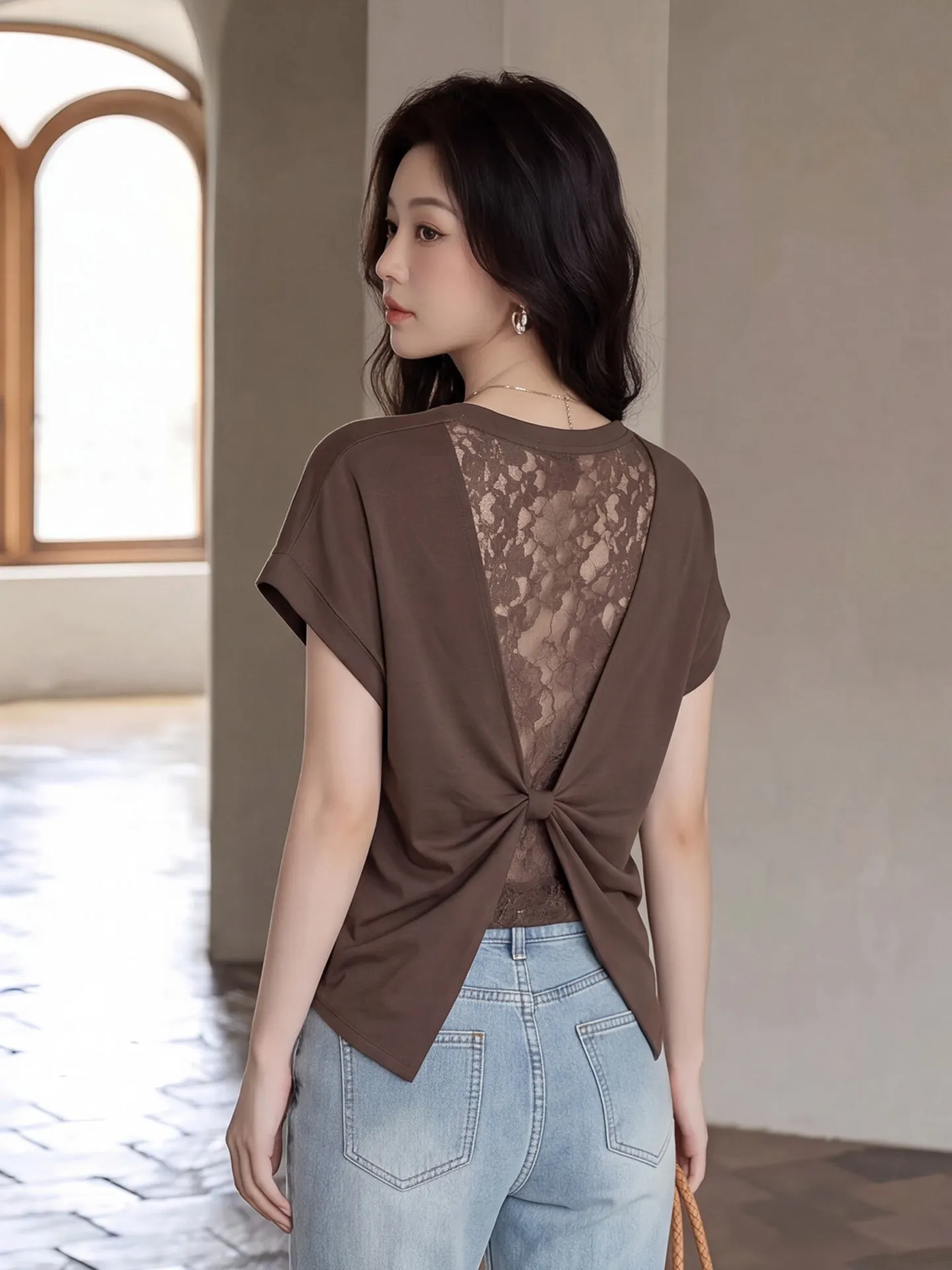 Korean Style Short Sleeve T-Shirt Women's Summer Lace Splice Beautiful Back Knot Casual Breathable Polyester Fiber Top