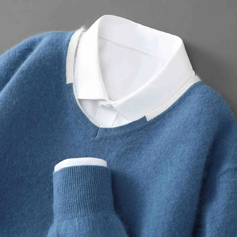 New Mink Cashmere Sweater Round Neck Men Loose Solid Color Wool Bottoming Shirt Youth Business Knitting Bottoming