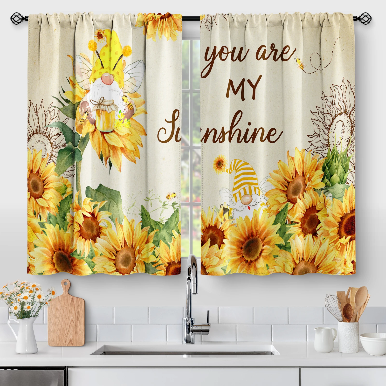 

2 Panels Sunflower Floral Kitchen Curtains, Rustic Flowers Vintage Retro Farmhouse Short Cafe Tier Curtains