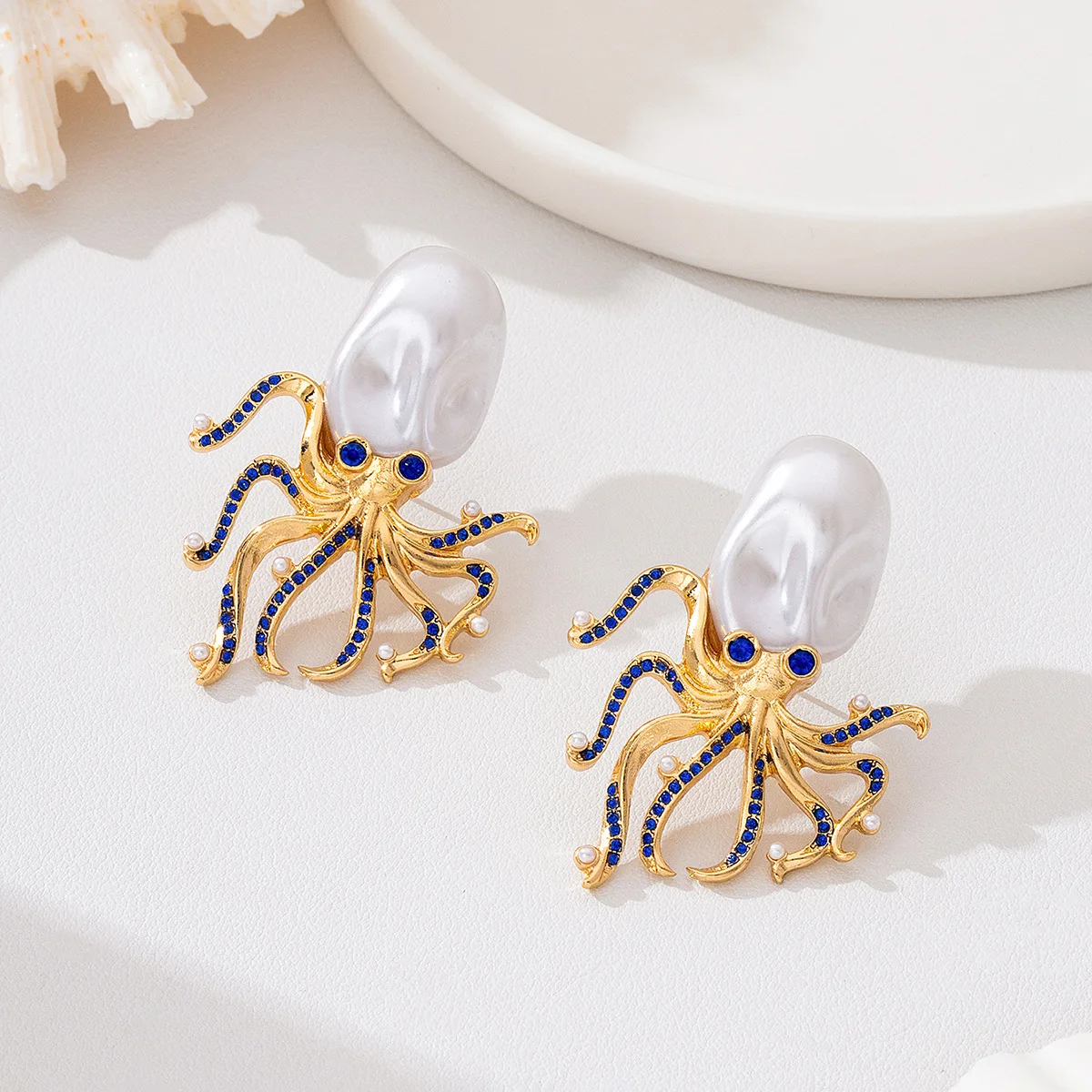 Boho Baroque Imitation Pearl Octopus Tentacle Stud Earrings with Blue Crystal, Ocean Themed Jewelry Gift for Women's Party Wear